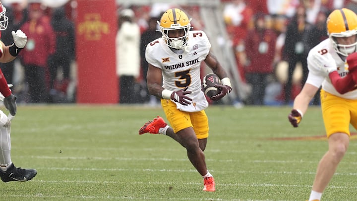 Nov 1, 2025; Ames, Iowa, USA; Arizona State Sun Devils running back Raleek Brown (3) runs the football against the Iowa State Cyclones during the first half at Jack Trice Stadium. Mandatory Credit: Reese Strickland-Imagn Images Nov 1, 2025; Ames, Iowa, USA; Arizona State Sun Devils running back Raleek Brown (3) runs the football against the Iowa State Cyclones during the first half at Jack Trice Stadium. Mandatory Credit: Reese Strickland-Imagn Images