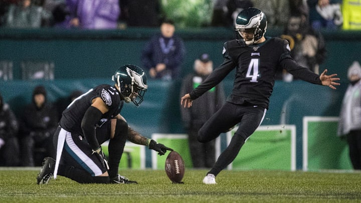 Eagles' Jake Elliot (4) takes a kick-off Monday night against the Giants. The Eagles defeated the Giants in overtime 23-17.

Sports Eagles Giants