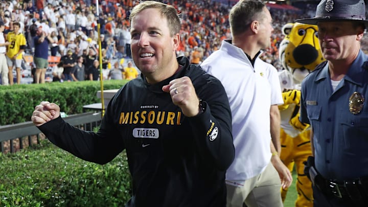 Missouri Tigers head coach Eli Drinkwitz celebrates after his team won, in a game versus the Auburn Tigers this season. Missouri Tigers head coach Eli Drinkwitz celebrates after his team won, in a game versus the Auburn Tigers this season.