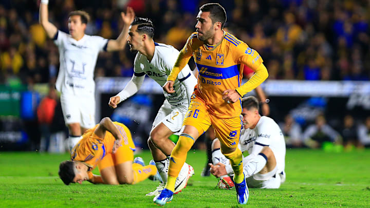 Juan Pablo Vigón (No. 16) watches his minute 24 shot ripple the net. The goal gave Tigres a 2-1 aggregate win over the Pumas in a Liga MX semifinal.