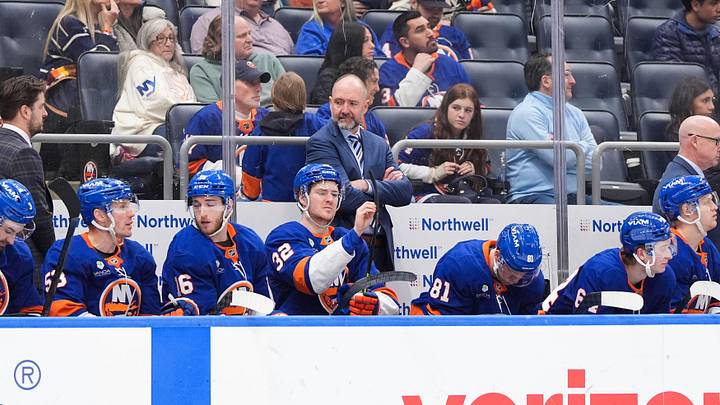 Apr 11, 2026; Elmont, New York, USA; New York Islanders head coach Peter DeBoer in the third period against the Ottawa Senators at UBS Arena. Mandatory Credit: Alexander Wohl-Imagn Images Apr 11, 2026; Elmont, New York, USA; New York Islanders head coach Peter DeBoer in the third period against the Ottawa Senators at UBS Arena. Mandatory Credit: Alexander Wohl-Imagn Images