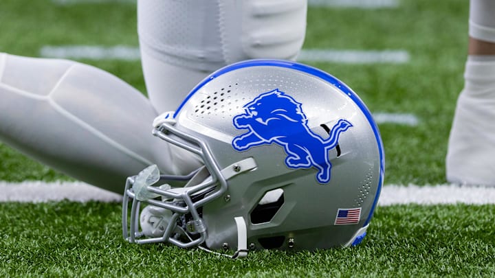 Dec 3, 2023; New Orleans, Louisiana, USA; Detailed view of the Detroit Lions helmet during warmups before the game against the New Orleans Saints at Caesars Superdome. Mandatory Credit: Stephen Lew-Imagn Images