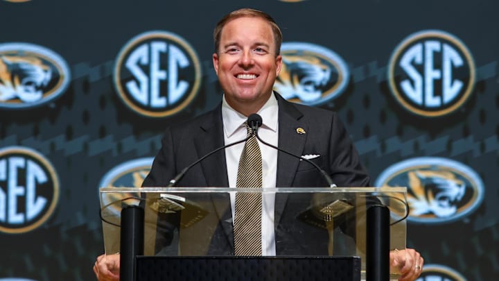 Jul 17, 2025; Atlanta, GA, USA; Missouri Tigers head coach Eliah Drinkwitz talks to the media during the SEC Media Days at Omni Atlanta Hotel. 