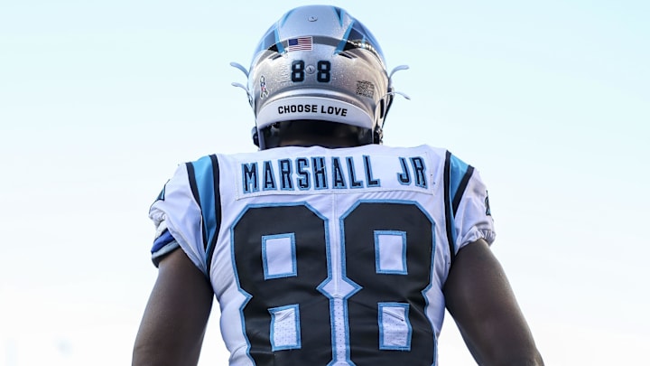 Nov 6, 2022; Cincinnati, Ohio, USA; Carolina Panthers wide receiver Terrace Marshall Jr. (88) after scoring a  touchdown in the second half against the Cincinnati Bengals at Paycor Stadium. Mandatory Credit: Katie Stratman-Imagn Images