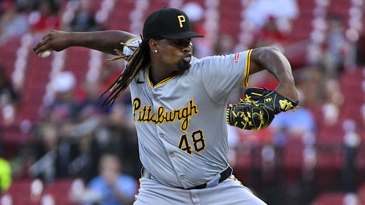 Sep 19, 2024; St. Louis, Missouri, USA;  Pittsburgh Pirates starting pitcher Luis Ortiz (48) pitches against the St. Louis Cardinals during the first inning at Busch Stadium. Mandatory Credit: Jeff Curry-Imagn Images