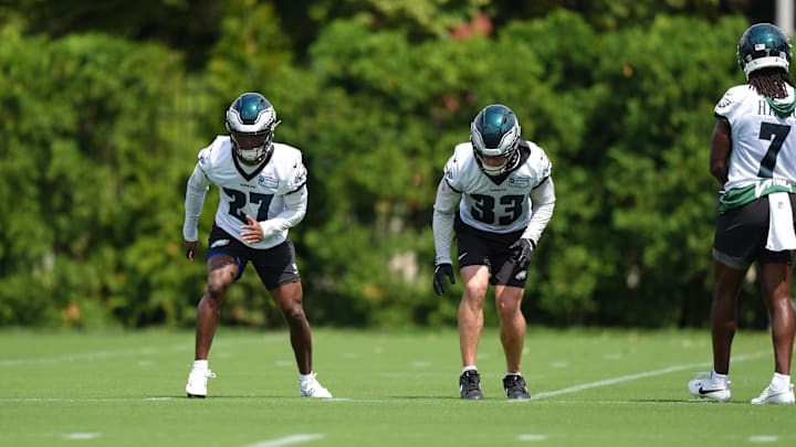 Jun 10, 2025; Philadelphia, PA, USA; Philadelphia Eagles defensive back Quinyon Mitchell (27) performs a practice drill with defensive back Cooper DeJean (33) at NovaCare Complex. 