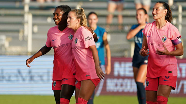Jun 23, 2024; Cary, North Carolina, USA; North Carolina Courage forward Ashley Sanchez (2) celebrates after scoring a goal against the Chicago Red Stars with North Carolina Courage midfielder Briana Pinto (8) during the second half at WakeMed Soccer Park. Mandatory Credit: Jared Bundick-USA TODAY Sports
