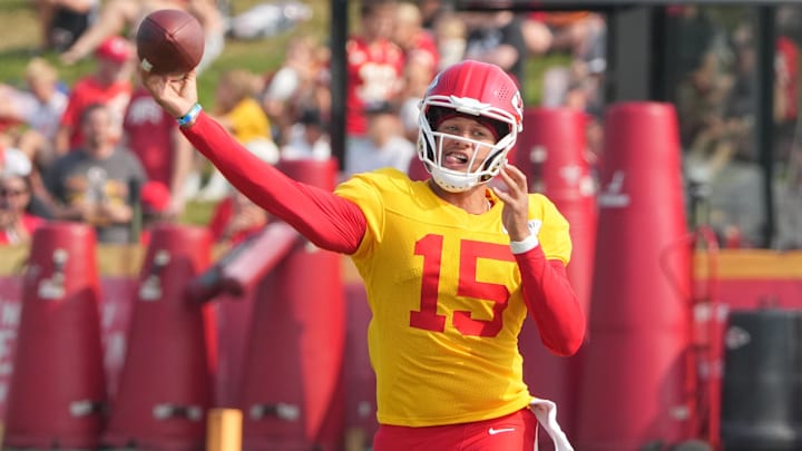 Chiefs quarterback Patrick Mahomes throws a pass during 2024 training camp at Missouri Western State University