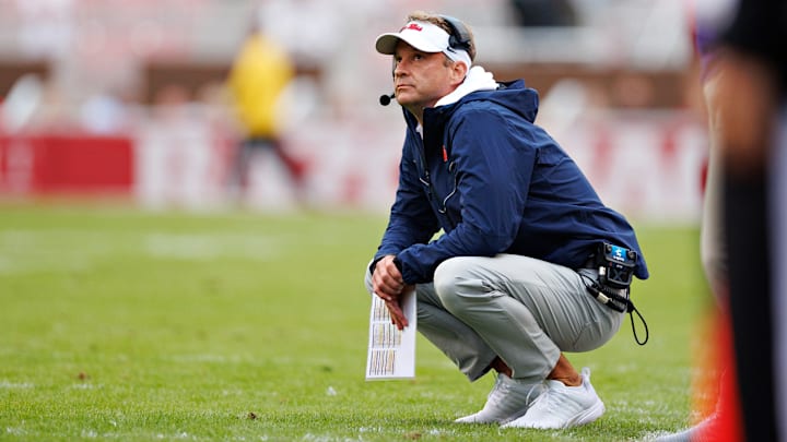 Head Coach Lane Kiffin of the Ole Miss Rebels on the sidelines during a game against the Arkansas Razorbacks at Donald W. Reynolds Razorback Stadium on November 02, 2024 in Fayetteville, Arkansas. The Rebels defeated the Razorbacks 63-31.