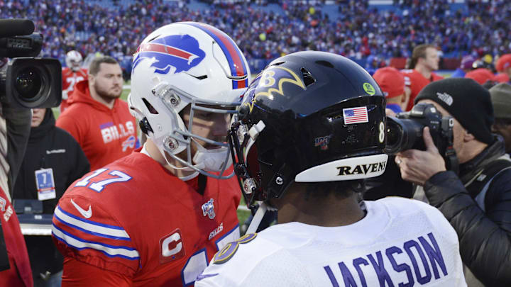 Buffalo Bills quarterback Josh Allen (17) meets Baltimore Ravens quarterback Lamar Jackson (8) at mid-field after a game at New Era Field.