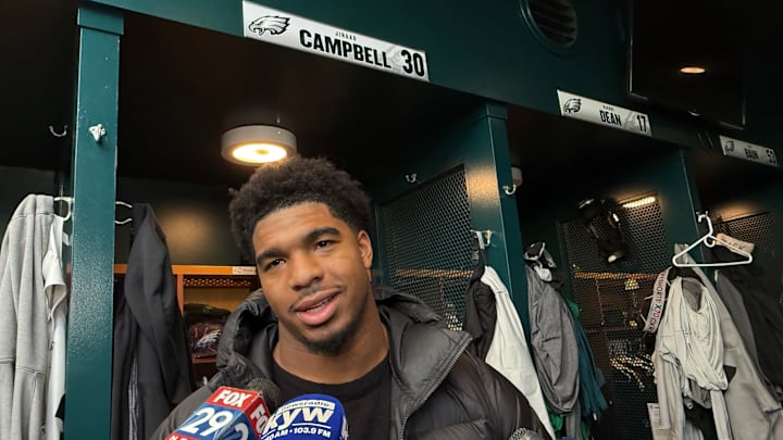 Jihaad Campbell talks with reporters on the Eagles' cleanout day after his rookie season ended with a first-round playoff loss.