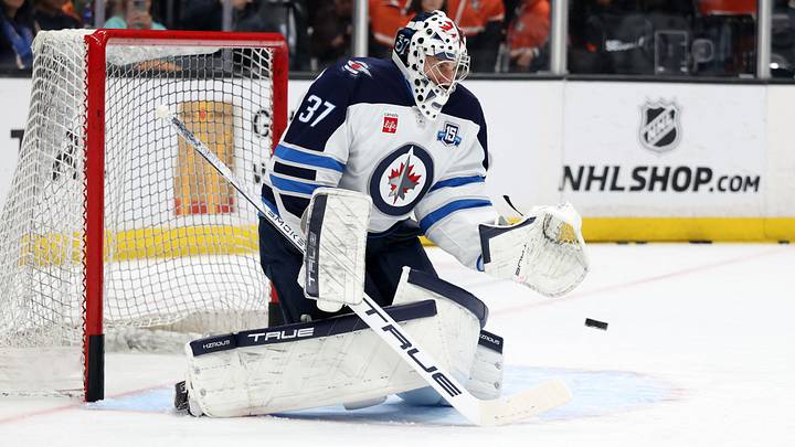 Feb 27, 2026; Anaheim, California, USA; Winnipeg Jets goaltender Connor Hellebuyck (37) warms up before the game against the Anaheim Ducks at Honda Center. Mandatory Credit: Kiyoshi Mio-Imagn Images Feb 27, 2026; Anaheim, California, USA; Winnipeg Jets goaltender Connor Hellebuyck (37) warms up before the game against the Anaheim Ducks at Honda Center. Mandatory Credit: Kiyoshi Mio-Imagn Images