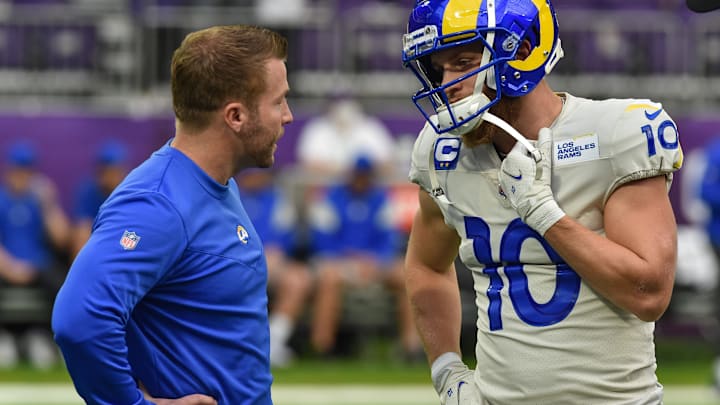 Los Angeles Rams head coach Sean McVay and wide receiver Cooper Kupp talk on the sidelines.