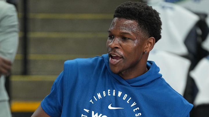 May 26, 2025; Minneapolis, Minnesota, USA; Minnesota Timberwolves guard Anthony Edwards (5) practices before the game against the Oklahoma City Thunder game four of the western conference finals for the 2025 NBA Playoffs at Target Center. Mandatory Credit: Jesse Johnson-Imagn Images