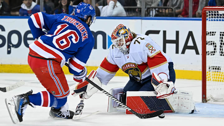 May 30, 2024; New York, New York, USA; New York Rangers center Vincent Trocheck (16) shoots on Florida Panthers goaltender Sergei Bobrovsky (72) during the first period in game five of the Eastern Conference Final of the 2024 Stanley Cup Playoffs at Madison Square Garden. Mandatory Credit: Dennis Schneidler-USA TODAY Sports
