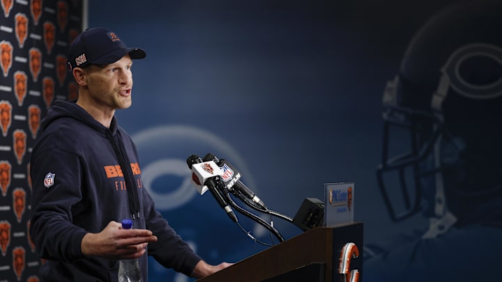 Chicago Bears head coach Ben Johnson explains to a collected media throng how he plans to stomp his former team, the Detroit Lions. Chicago Bears head coach Ben Johnson explains to a collected media throng how he plans to stomp his former team, the Detroit Lions.
