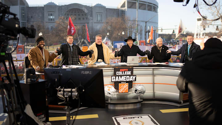 ESPN cast, from left, Desmond Howard, Rece Davis, Pat McAfee, Nick Saban, Lee Corso and Kirk Herbstreit offered up their thoughts on the Pop-Tarts Bowl between Iowa State and Miami recently.