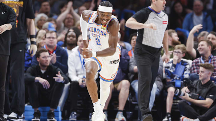 Oct 17, 2024; Oklahoma City, Oklahoma, USA; Oklahoma City Thunder guard Shai Gilgeous-Alexander (2) runs down the court after scoring a three point basket against the Atlanta Hawks during the first quarter at Paycom Center. Mandatory Credit: Alonzo Adams-Imagn Images