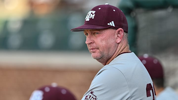 Jun 9, 2024; College Station, TX, USA; Texas A&M head coach Jim Schlossnagle looks on prior to the game against Oregon at Olsen Field, Blue Bell Park Mandatory Credit: Maria Lysaker-USA TODAY Sports