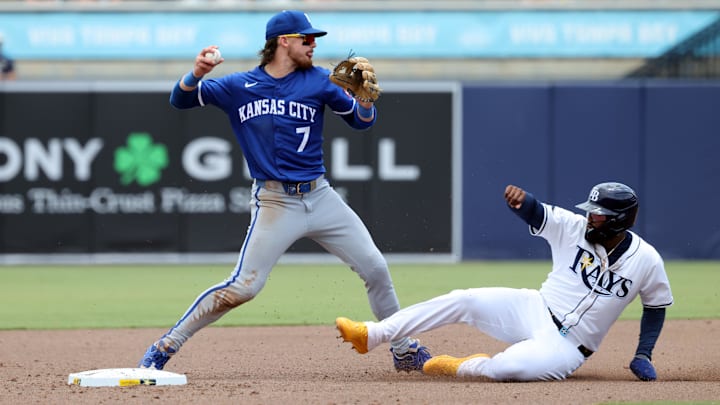 Kansas City shortstop Bobby Witt Jr. (7) forces out Tampa Bay third baseman Junior Caminero (13) during Thursday's win. Kansas City shortstop Bobby Witt Jr. (7) forces out Tampa Bay third baseman Junior Caminero (13) during Thursday's win.