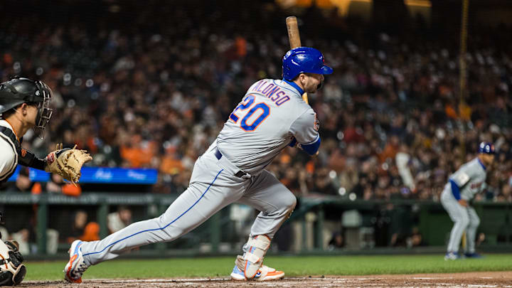 Apr 20, 2023; San Francisco, California, USA;  New York Mets first baseman Pete Alonso (20) hits a