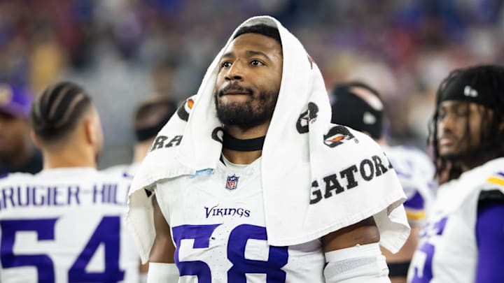 Jan 13, 2025; Glendale, AZ, USA; Minnesota Vikings linebacker Jonathan Greenard (58) against the Los Angeles Rams during an NFC wild card game at State Farm Stadium. Mandatory Credit: Mark J. Rebilas-Imagn Images