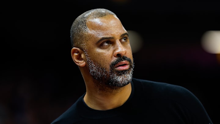 Dec 21, 2025; Sacramento, California, USA; Houston Rockets head coach Ime Udoka looks on during the second quarter against the Sacramento Kings at Golden 1 Center. Mandatory Credit: Sergio Estrada-Imagn Images