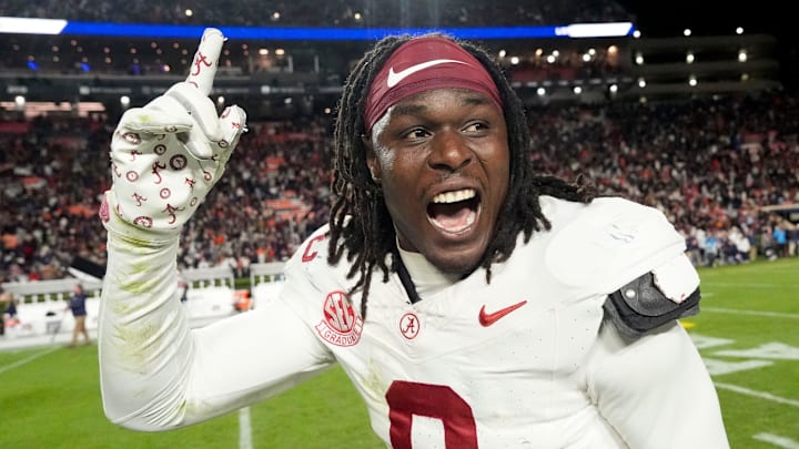 Nov 29, 2025; Auburn, Alabama, USA; Alabama linebacker Deontae Lawson (0) celebrates Alabama’s win over Auburn at Jordan-Hare Stadium. Mandatory Credit: Gary Cosby Jr.-Tuscaloosa News Nov 29, 2025; Auburn, Alabama, USA; Alabama linebacker Deontae Lawson (0) celebrates Alabama’s win over Auburn at Jordan-Hare Stadium. Mandatory Credit: Gary Cosby Jr.-Tuscaloosa News