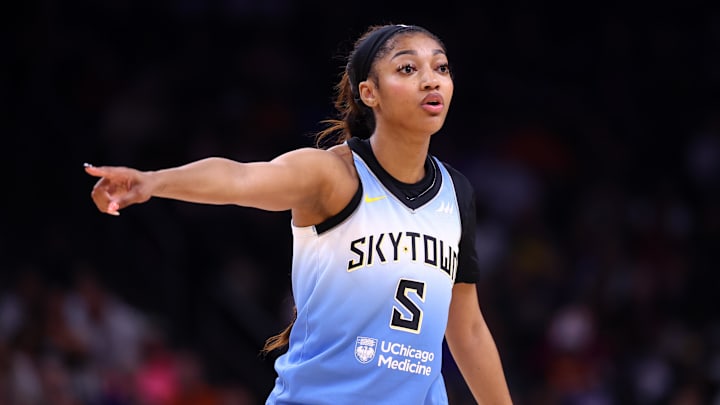 Aug 28, 2025; Phoenix, Arizona, USA; Chicago Sky forward Angel Reese (5) against the Phoenix Mercury at Phx Arena. Mandatory Credit: Mark J. Rebilas-Imagn Images