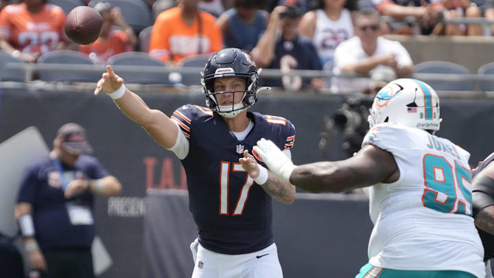 Tyson Bagent fires off a pass against the Dolphins in the first half of the preseason opener.