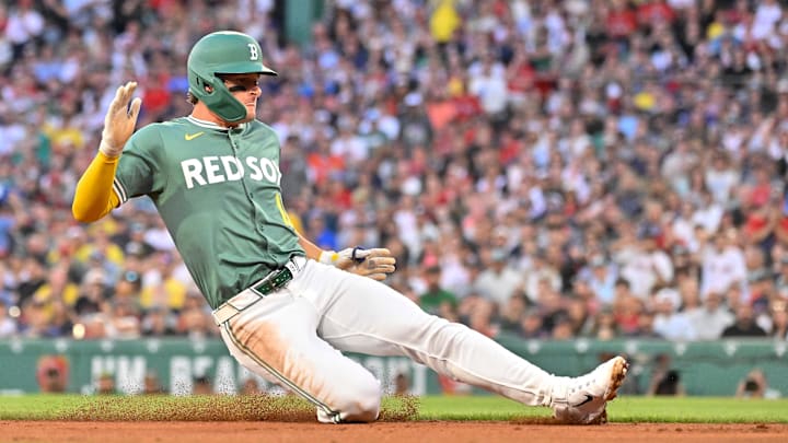 Aug 1, 2025; Boston, Massachusetts, USA; Boston Red Sox left fielder Roman Anthony (19) slides into third base during the third inning against the Houston Astros at Fenway Park. Mandatory Credit: Eric Canha-Imagn Images Aug 1, 2025; Boston, Massachusetts, USA; Boston Red Sox left fielder Roman Anthony (19) slides into third base during the third inning against the Houston Astros at Fenway Park. Mandatory Credit: Eric Canha-Imagn Images