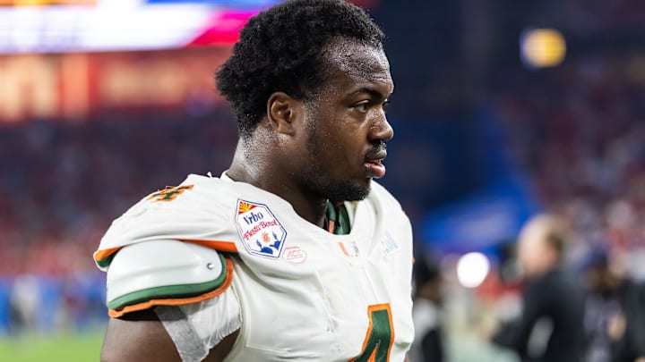 Jan 8, 2026; Glendale, AZ, USA; Miami Hurricanes defensive lineman Rueben Bain Jr. (4) against the Mississippi Rebels during the 2026 Fiesta Bowl and semifinal game of the College Football Playoff at State Farm Stadium. Mandatory Credit: Mark J. Rebilas-Imagn Images