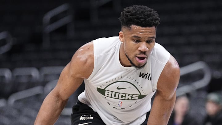 Feb 3, 2026; Milwaukee, Wisconsin, USA; Milwaukee Bucks forward Giannis Antetokounmpo (34) takes some shots before a game against the Chicago Bulls at Fiserv Forum. Mandatory Credit: Michael McLoone-Imagn Images