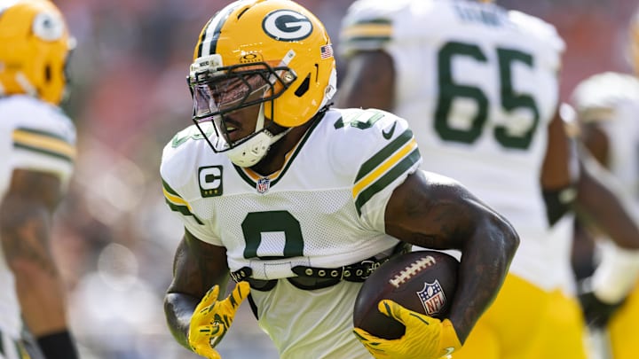 Sep 21, 2025; Cleveland, Ohio, USA; Green Bay Packers running back Josh Jacobs (8) runs the ball during warm ups before the game against the Cleveland Browns at Huntington Bank Field. 