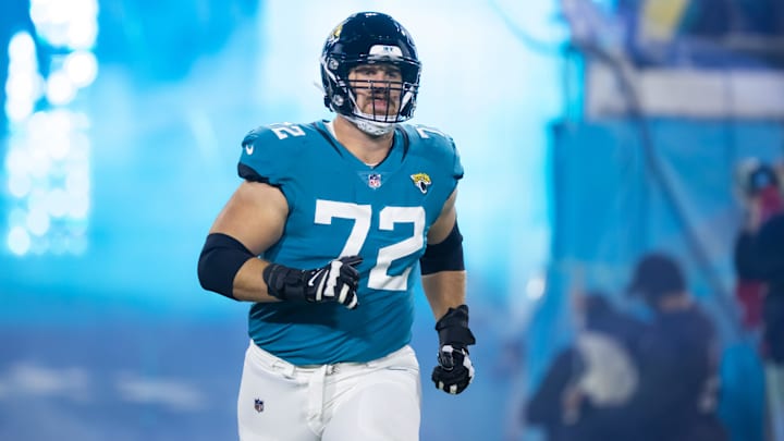Jan 14, 2023; Jacksonville, Florida, USA; Jacksonville Jaguars offensive tackle Walker Little (72). Mark J. Rebilas - USA TODAY Sports