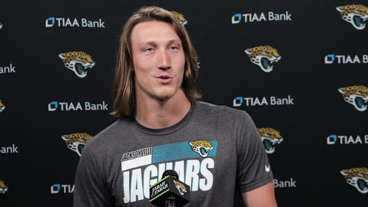 Jaguars quarterback Trevor Lawrence talks with media inside the TV Studio of TIAA Bank Field. Jaguars quarterback Trevor Lawrence talks with media inside the TV Studio of TIAA Bank Field.
