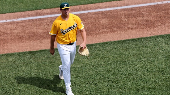May 2, 2026; West Sacramento, California, USA; Athletics starting pitcher Jacob Lopez (57) walks towards the dugout after being removed from the game in the sixth inning against the Cleveland Guardians at Sutter Health Park. Mandatory Credit: Dennis Lee-Imagn Images