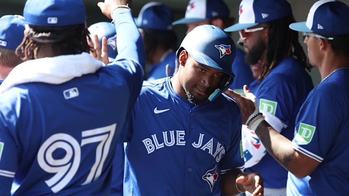 Sarasota, Florida, USA: Toronto Blue Jays second base Orelvis Martinez (13) scores a run during the fourth inning against the Baltimore Orioles  at Ed Smith Stadium.