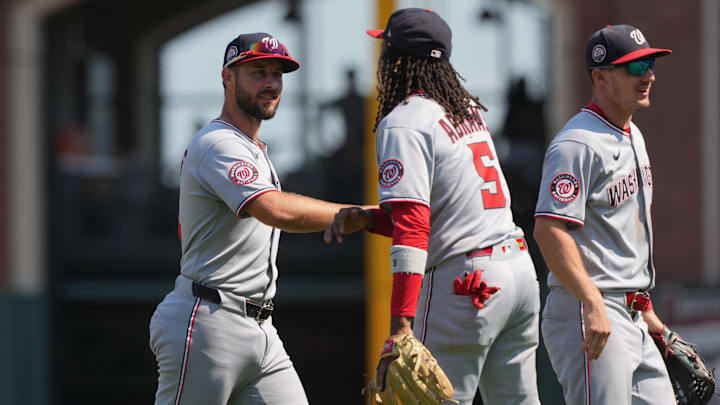 Aug 10, 2025; San Francisco, California, USA; Washington Nationals second baseman Paul DeJong (left) and shortstop CJ Abrams (5) celebrate after defeating the San Francisco Giants at Oracle Park. 