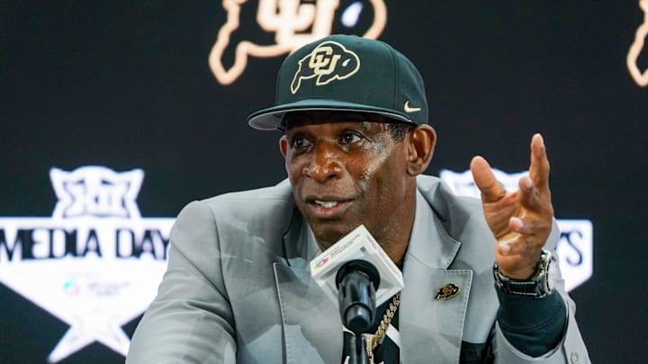 Jul 9, 2025; Frisco, TX, USA; Colorado head coach Deion Sanders speaks with the media during 2025 Big 12 Football Media Days at The Star.