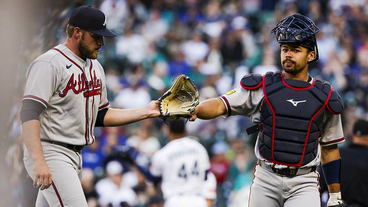 May 5, 2026; Seattle, Washington, USA; Atlanta Braves starting pitcher Bryce Elder (55) and catcher Drake Baldwin (30) bump fists following the first inning against the Seattle Mariners at T-Mobile Park. Mandatory Credit: Joe Nicholson-Imagn Images
