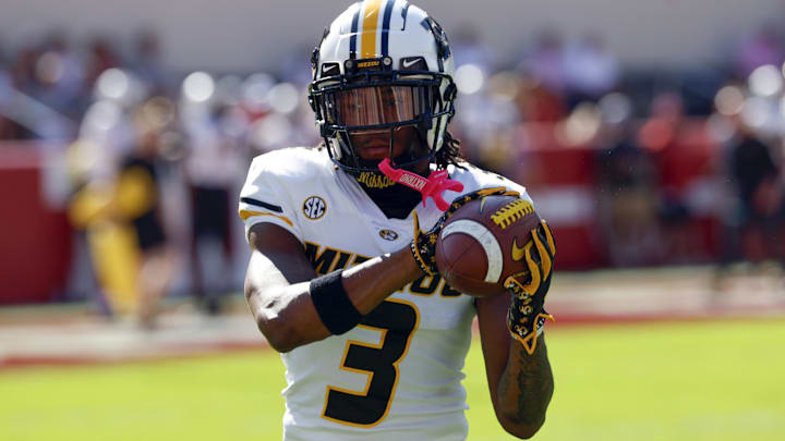 Oct 26, 2024; Tuscaloosa, Alabama, USA;  Missouri Tigers wide receiver Luther Burden III (3) warms up before a game against the Alabama Crimson Tide at Bryant-Denny Stadium. Mandatory Credit: Butch Dill-Imagn Images