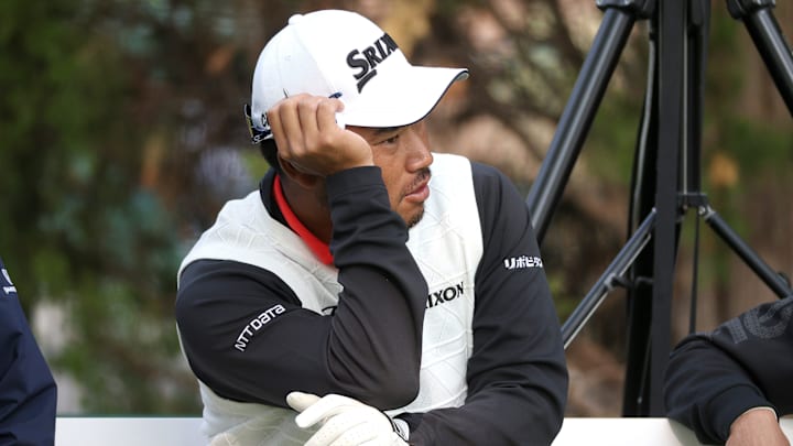 Hideki Matsuyama patiently waits to tee off on the 10th hole during a practice round at the PGA