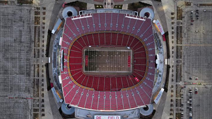 Feb 14, 2024; Kansas City, MO, USA; The Kansas City Chiefs logos at midfield and end zone at Arrowhead Stadium at the Truman Sports Complex. Mandatory Credit: Kirby Lee-Imagn Images