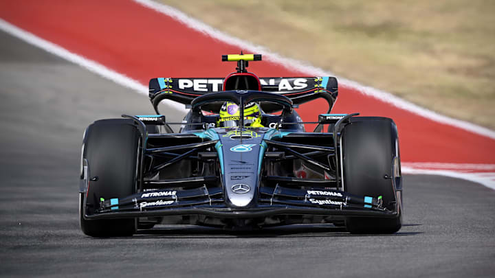 Oct 18, 2024; Austin, Texas, USA; Mercedes AMG Petronas F1 Team driver Lewis Hamilton (44) of Team Great Britain drives during practice for the 2024 US Grand Prix at Circuit of the Americas. Mandatory Credit: Jerome Miron-Imagn Images