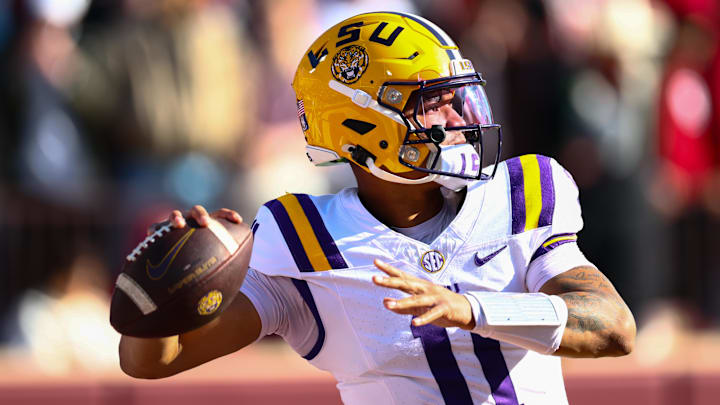 Nov 29, 2025; Norman, Oklahoma, USA; Louisiana State Tigers quarterback Michael van Buren Jr. (11) warms up before the game against the Oklahoma Sooners at Gaylord Family-Oklahoma Memorial Stadium. Mandatory Credit: Kevin Jairaj-Imagn Images Nov 29, 2025; Norman, Oklahoma, USA; Louisiana State Tigers quarterback Michael van Buren Jr. (11) warms up before the game against the Oklahoma Sooners at Gaylord Family-Oklahoma Memorial Stadium. Mandatory Credit: Kevin Jairaj-Imagn Images