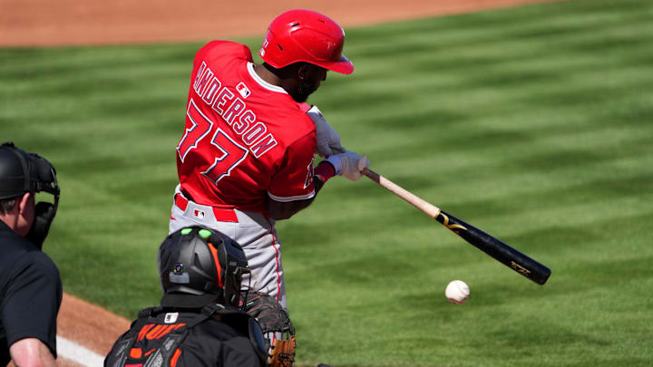 Los Angeles Angels shortstop Tim Anderson bats against the San Francisco Giants during the third inning at Scottsdale Stadium in Scottsdale, Ariz., on March 2, 2025. Los Angeles Angels shortstop Tim Anderson bats against the San Francisco Giants during the third inning at Scottsdale Stadium in Scottsdale, Ariz., on March 2, 2025.