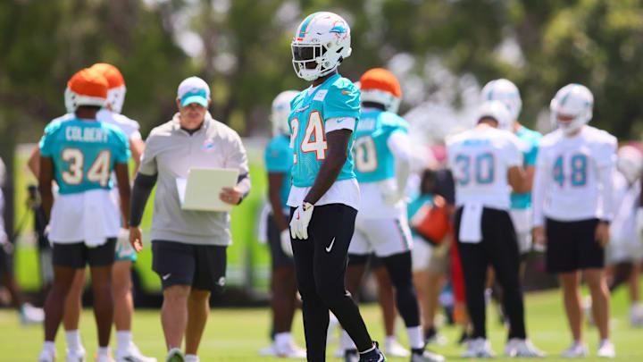 Miami Dolphins cornerback Cam Smith (24) works out during mandatory minicamp at Baptist Health Training Complex.