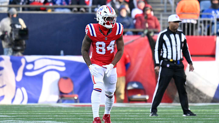 Dec 1, 2024; Foxborough, Massachusetts, USA; New England Patriots wide receiver Kendrick Bourne (84) waits for the snap of the ball during the first half against the Indianapolis Colts at Gillette Stadium. Mandatory Credit: Eric Canha-Imagn Images