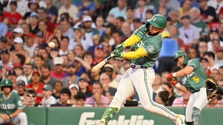 Aug 7, 2026; Boston, Massachusetts, USA; Boston Red Sox right fielder Wilyer Abreu (52) hits a two run RBI double during the second inning against the Athletics at Fenway Park. Mandatory Credit: Eric Canha-Imagn Images Aug 7, 2026; Boston, Massachusetts, USA; Boston Red Sox right fielder Wilyer Abreu (52) hits a two run RBI double during the second inning against the Athletics at Fenway Park. Mandatory Credit: Eric Canha-Imagn Images